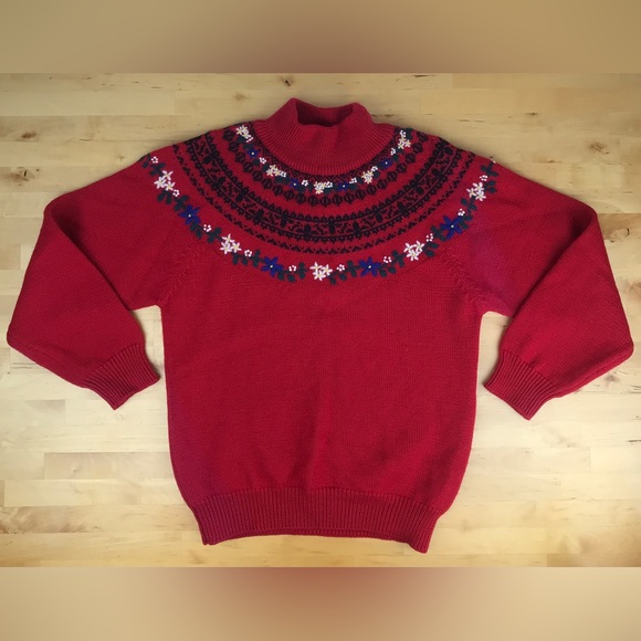 Vintage Eddie Bauer Wool Sweater Red Pullover Fair Isle Embroidered Flowers Sz S - Picture 2 of 14